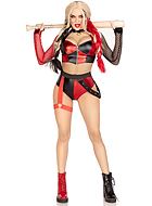 Harley Quinn, maskeradekostyme med topp og shorts, lange ermer, nettinnlegg, glidelås på forsiden